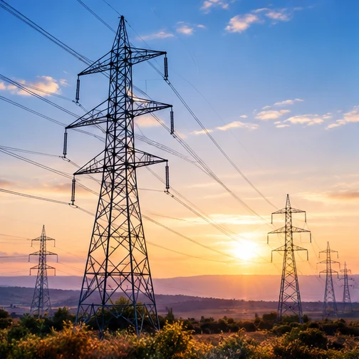 Electricity pylons at sunset