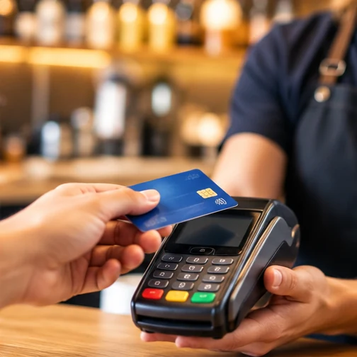 Customer paying by card at a payment terminal