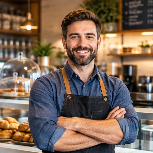 Small business owner in his café